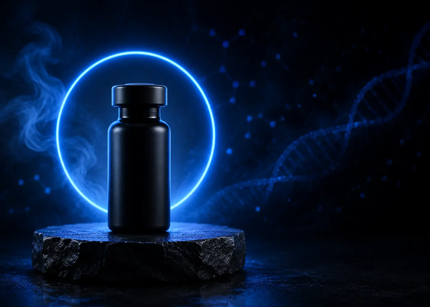Unbranded research vial with electric blue scientific backdrop